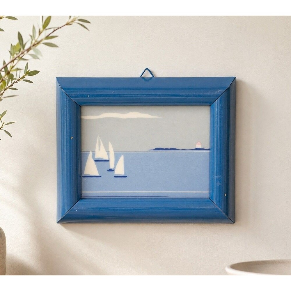 Porsgrund Norway Anne Marie Odegaard Summer Sailboat Art Tile Blue Frame 6" VTG